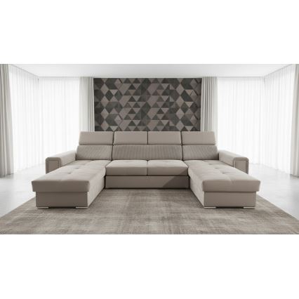 Ausziehbare Polstergarnitur in U‑Form mit universell positionierbarem Eckteil und Stauraum SALVADA, beige