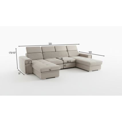Ausziehbare Polstergarnitur in U‑Form mit universell positionierbarem Eckteil und Stauraum SALVADA, beige