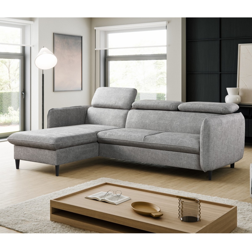 Ausklappbares Ecksofa in L‑Form mit Stauraum NISA, grau, links