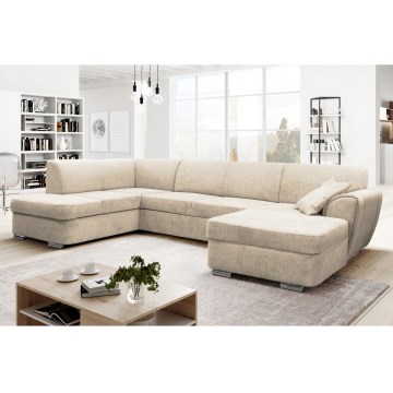 Ausklappbares U-Ecksofa SERPA, links, beige, mit Stauraum