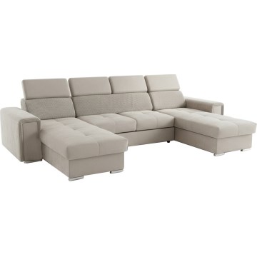 Ausziehbare Polstergarnitur in U‑Form mit universell positionierbarem Eckteil und Stauraum SALVADA, beige