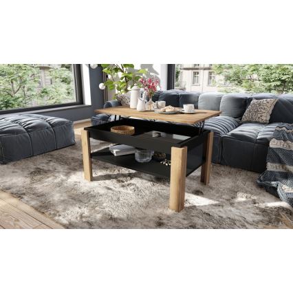 Ausziehbarer Couchtisch mit Hubplatte und Ablage ADEN Eiche Craft/Schwarz