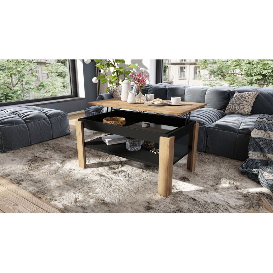 Ausziehbarer Couchtisch mit Hubplatte und Ablage ADEN Eiche Craft/Schwarz