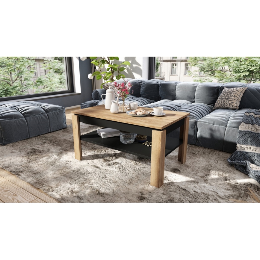 Ausziehbarer Couchtisch mit Hubplatte und Ablage ADEN Eiche Craft/Schwarz