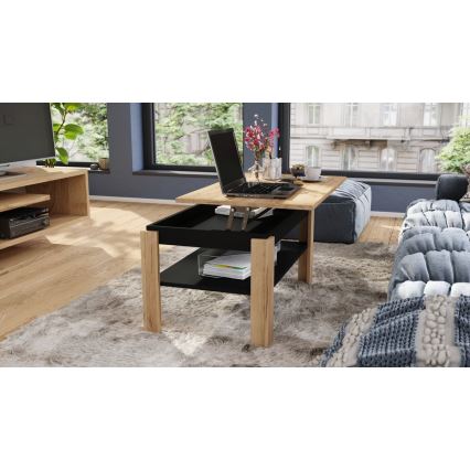 Ausziehbarer Couchtisch mit Hubplatte und Ablage ADEN Eiche Craft/Schwarz