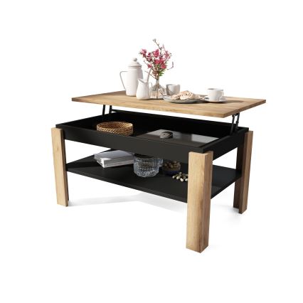 Ausziehbarer Couchtisch mit Hubplatte und Ablage ADEN Eiche Craft/Schwarz