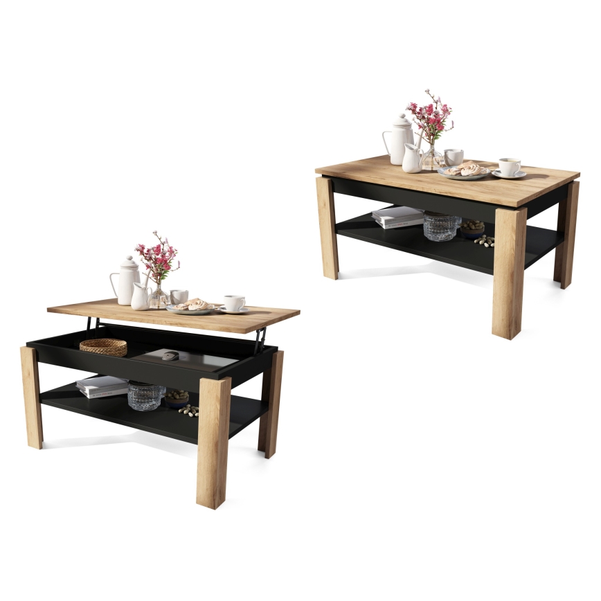 Ausziehbarer Couchtisch mit Hubplatte und Ablage ADEN Eiche Craft/Schwarz