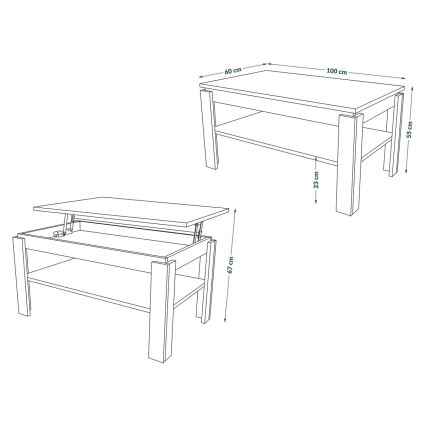 Ausziehbarer Couchtisch mit Hubplatte und Ablage ADEN Eiche Craft/Schwarz