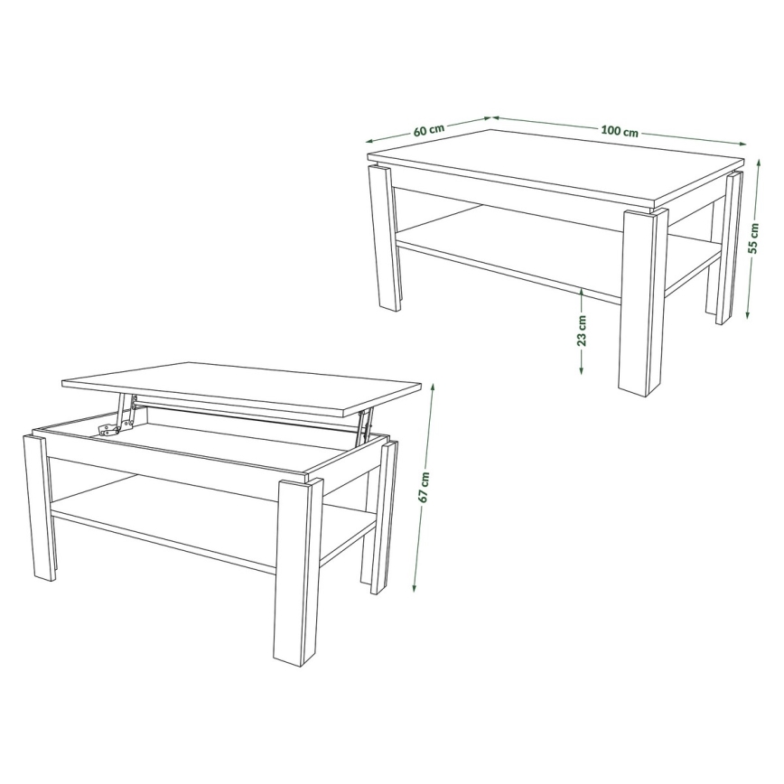 Ausziehbarer Couchtisch mit Hubplatte und Ablage ADEN Eiche Craft/Schwarz