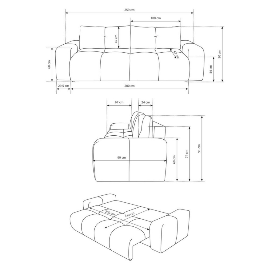 Ausziehbares Polstersofa für drei Personen mit Stauraum ALMADA in Beige