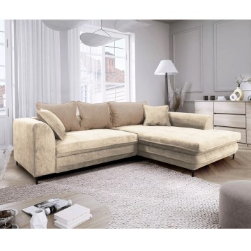 Ausziehbares Ecksofa LAGOA in L‑Form mit Schlaffunktion und Stauraum, rechts, Beige/Braun