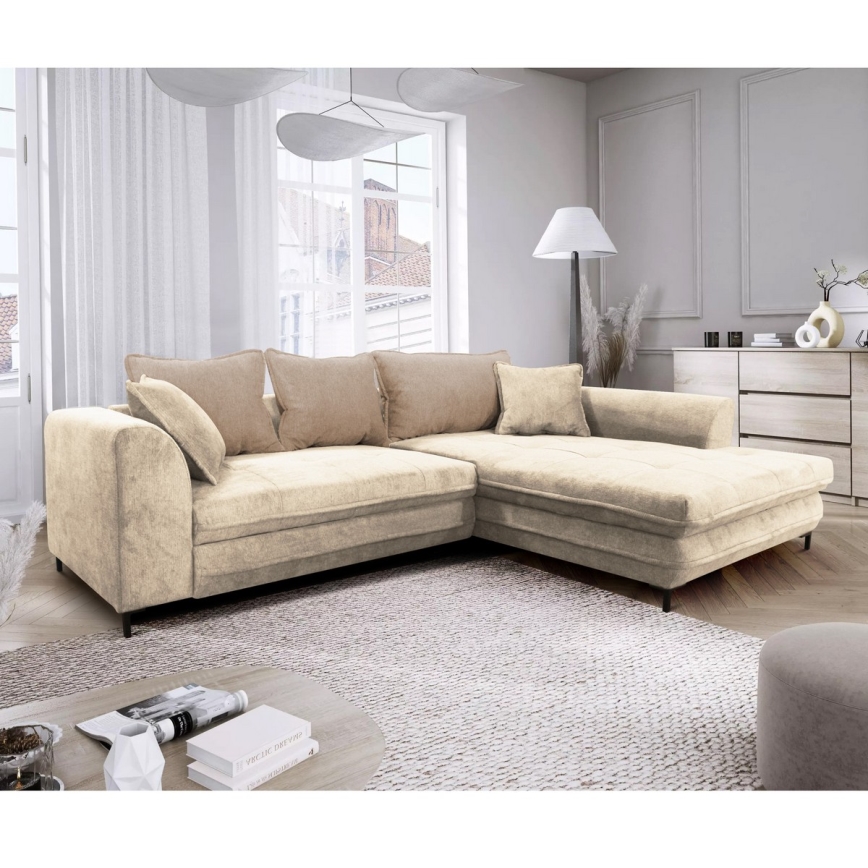 Ausziehbares Ecksofa LAGOA in L‑Form mit Schlaffunktion und Stauraum, rechts, Beige/Braun