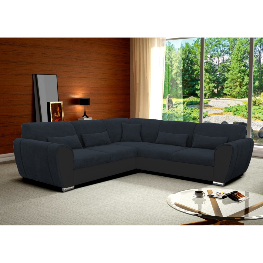 Ausziehbares Ecksofa VISEU in L‑Form mit Stauraum, rechts, Anthrazit/Schwarz