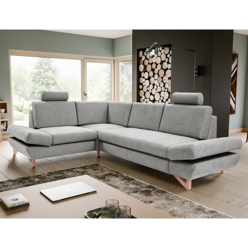 Ausziehbares, gepolstertes Ecksofa mit Stauraum in L‑Form, AVESTA, links, grau