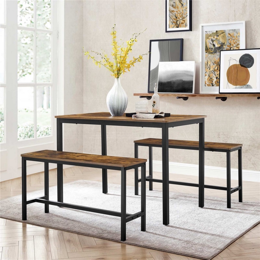 Bar-Set: Bartisch mit 2 Sitzbänken TREVOR, braun/schwarz