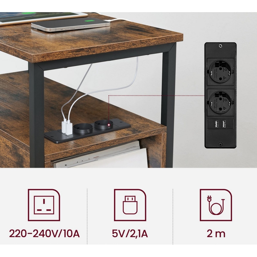 Beistelltisch ROD mit integrierten Steckdosen und USB-Anschlüssen, braun/schwarz