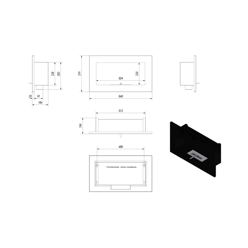 Kratki - Eingebauter BIO-Kamin 37,4x64,8 cm 1 kW schwarz