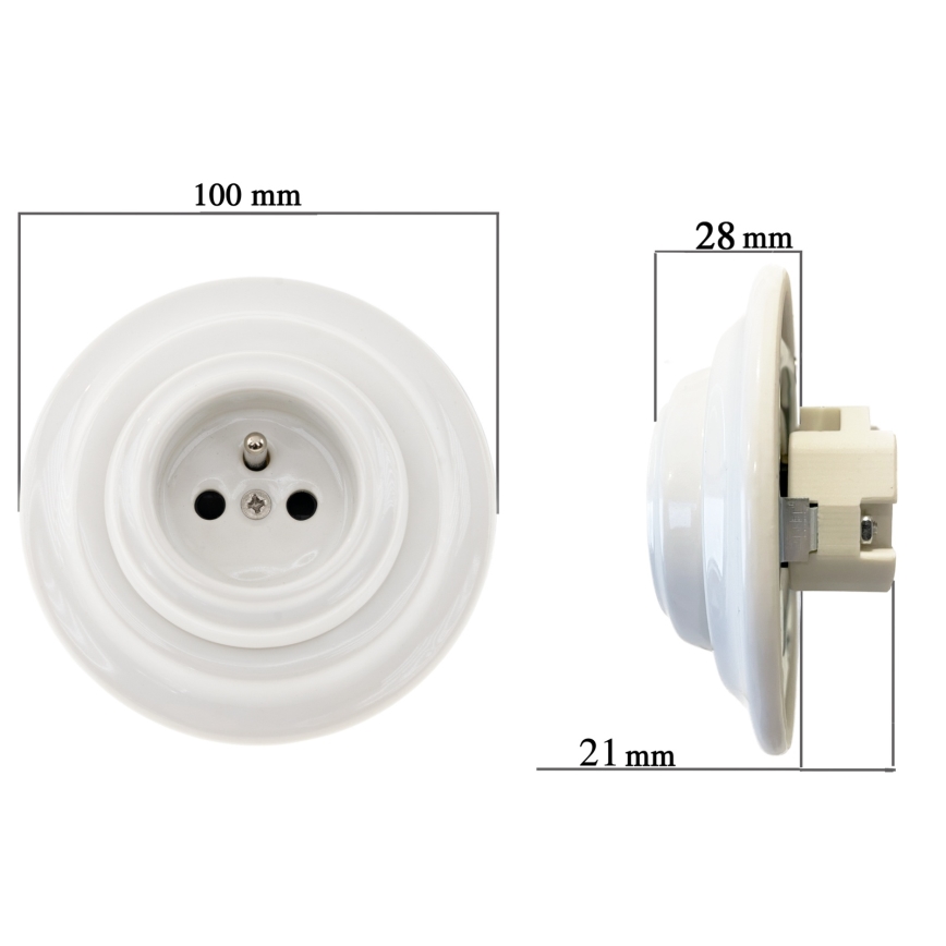Bohemia-Design - Retro-Wandsteckdose aus Porzellan mit Rahmen SCHUKO 250V/16A weiß