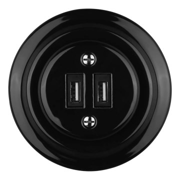 Bohemia-Design - Porzellan-Retro-USB-Steckdose mit Rahmen, 2x USB-A, schwarz