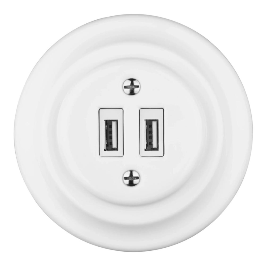 Bohemia-Design - Porzellan-Retro-USB-Steckdose mit Rahmen 2x USB-A weiß