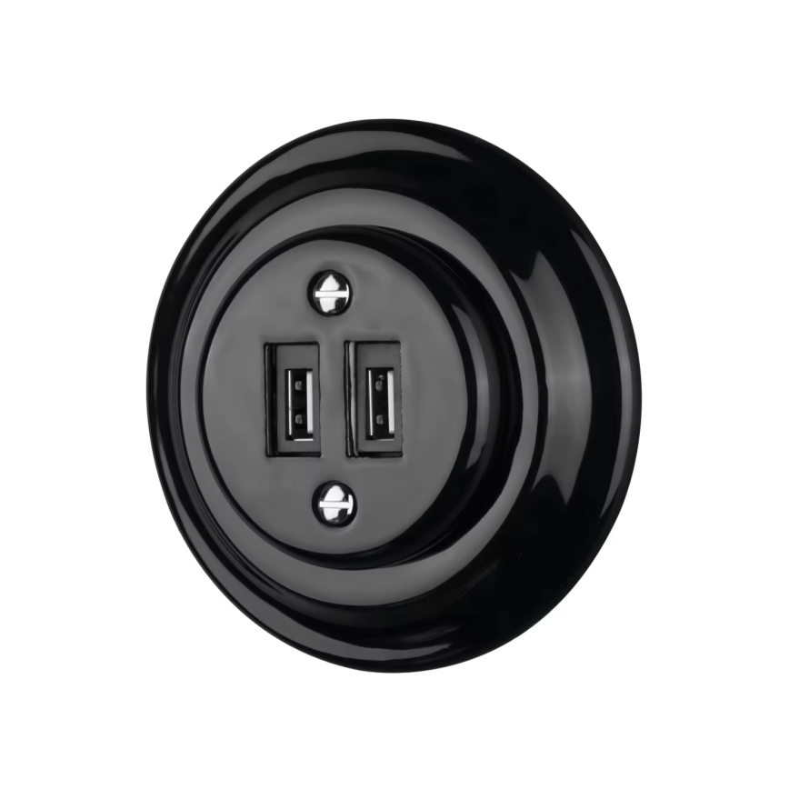 Bohemia-Design – Porzellan-Retro-USB-Steckdose, rahmenlos, 2× USB-A, schwarz