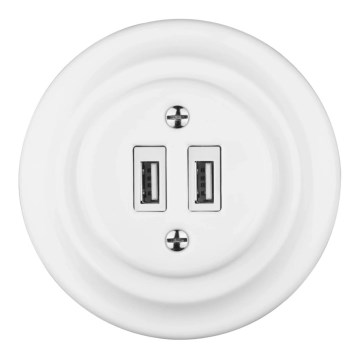 Bohemia-Design - Retro-Porzellan-USB-Steckdose mit Rahmen, 2x USB-A, weiß