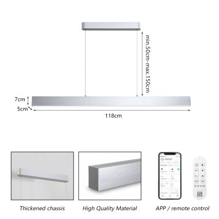 Brilagi - LED Dimmbarer Deckenleuchte mit Kabel SLEEKLINE SMART LED/40W/230V 3000-6000K Wi-Fi Tuya Silber + Fernbedienung
