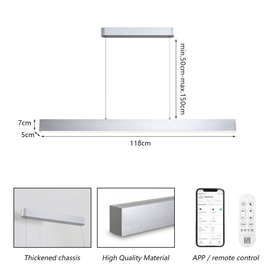 Brilagi - LED Dimmbarer Deckenleuchte mit Kabel SLEEKLINE SMART LED/40W/230V 3000-6000K Wi-Fi Tuya Silber + Fernbedienung