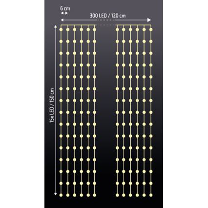 Brilagi - LED-Weihnachtsvorhang 300xLED/8 Funktionen/3xAA/USB 1,2m warmweiß