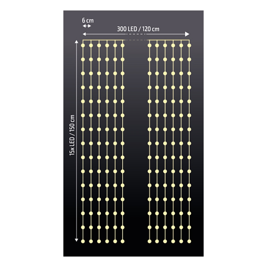 Brilagi - LED-Weihnachtsvorhang 300xLED/8 Funktionen/3xAA/USB 1,2m warmweiß