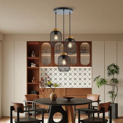 Brilagi - Pendelleuchte an Stahlseil BASKLITE 3xE27/15W/230V Gummibaumholz/schwarz