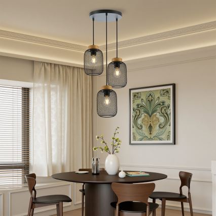 Brilagi - Pendelleuchte an Stahlseil BASKLITE 3xE27/15W/230V Gummibaumholz/schwarz