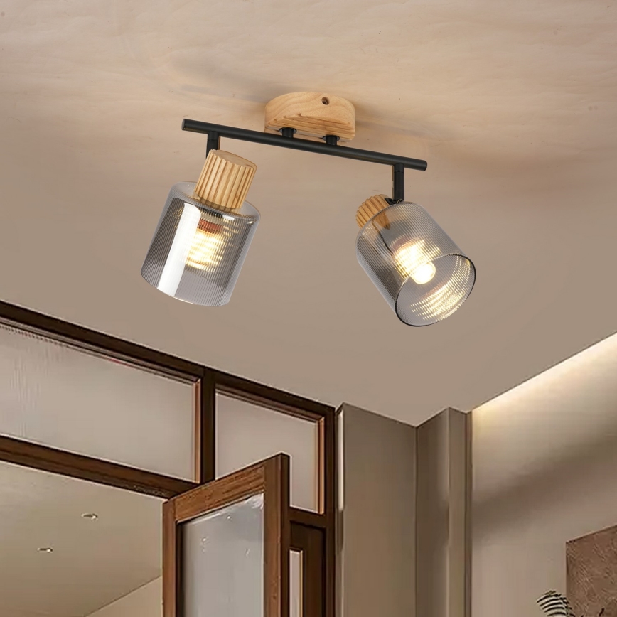 Brilagi - Spotleuchte HYGGE 2xE14/15W/230V Gummibaumholz/rauchglas