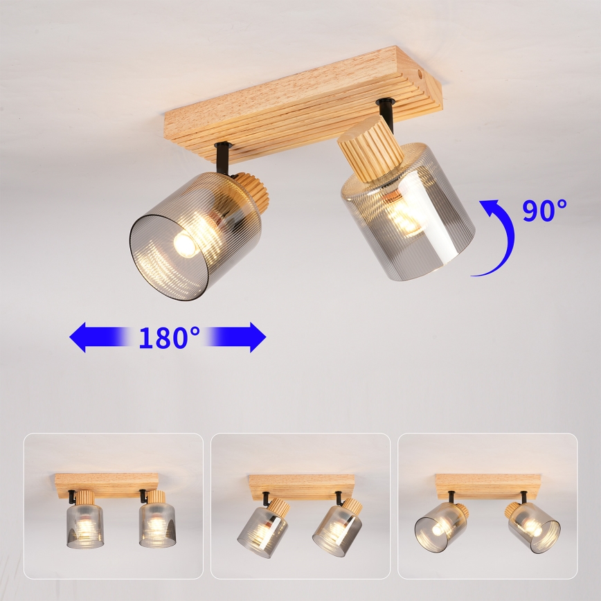 Brilagi - Spotleuchte HYGGE 2xE14/15W/230V Gummibaumholz/Rauchglas