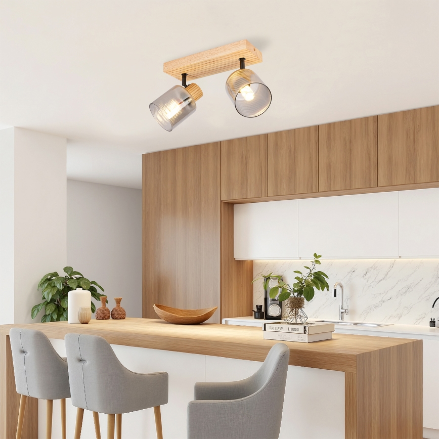 Brilagi - Spotleuchte HYGGE 2xE14/15W/230V Gummibaumholz/Rauchglas