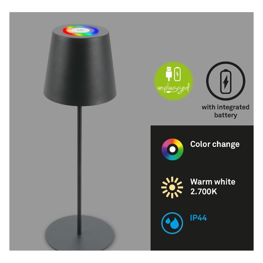 Briloner 7507015 - LED RGB dimmbare wiederaufladbare Outdoor-Tischlampe 2in1 LED/2,5W/5V IP44 Anthrazit