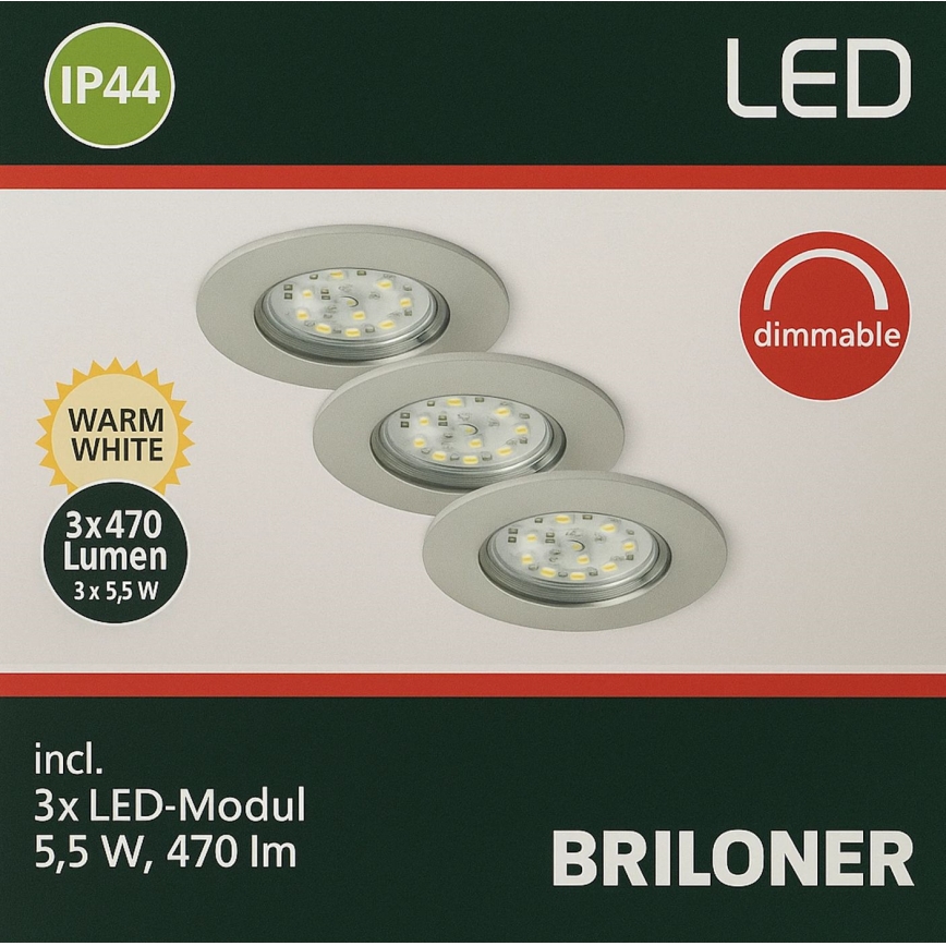 Briloner - SET 3x Dimmbare LED-Einbauleuchte für Badezimmer LED/5,5W/230V IP44