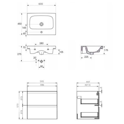 Cersanit S801-223-DSM - Hängender Badezimmerschrank mit Waschbecken MEDDIE 62x60 cm glänzend weiß