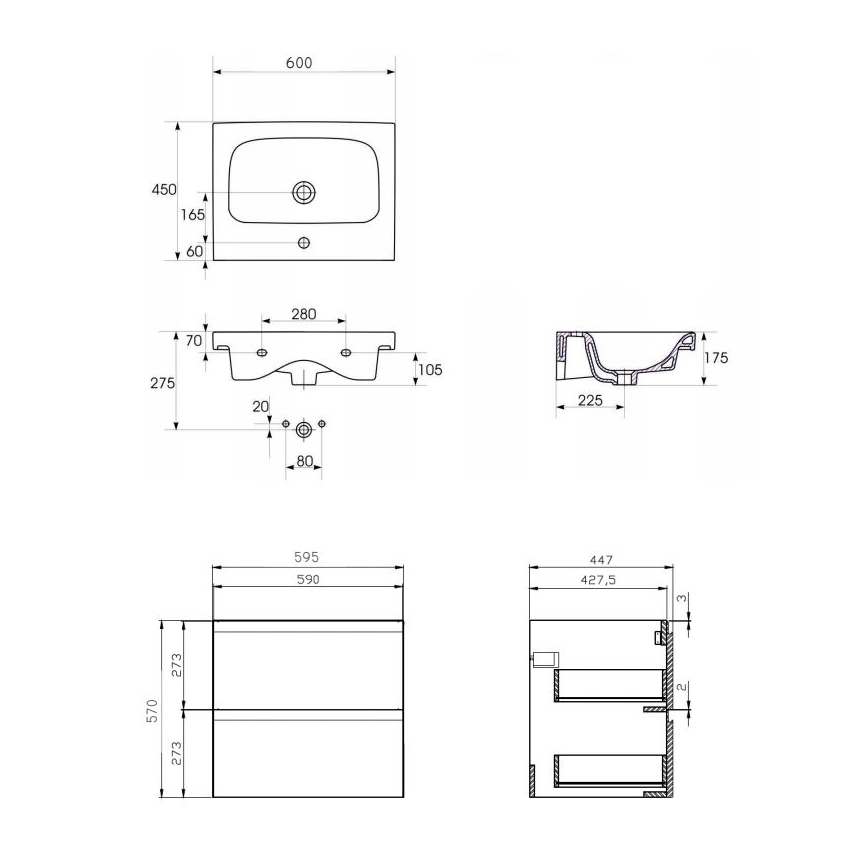 Cersanit S801-223-DSM - Hängender Badezimmerschrank mit Waschbecken MEDDIE 62x60 cm glänzend weiß