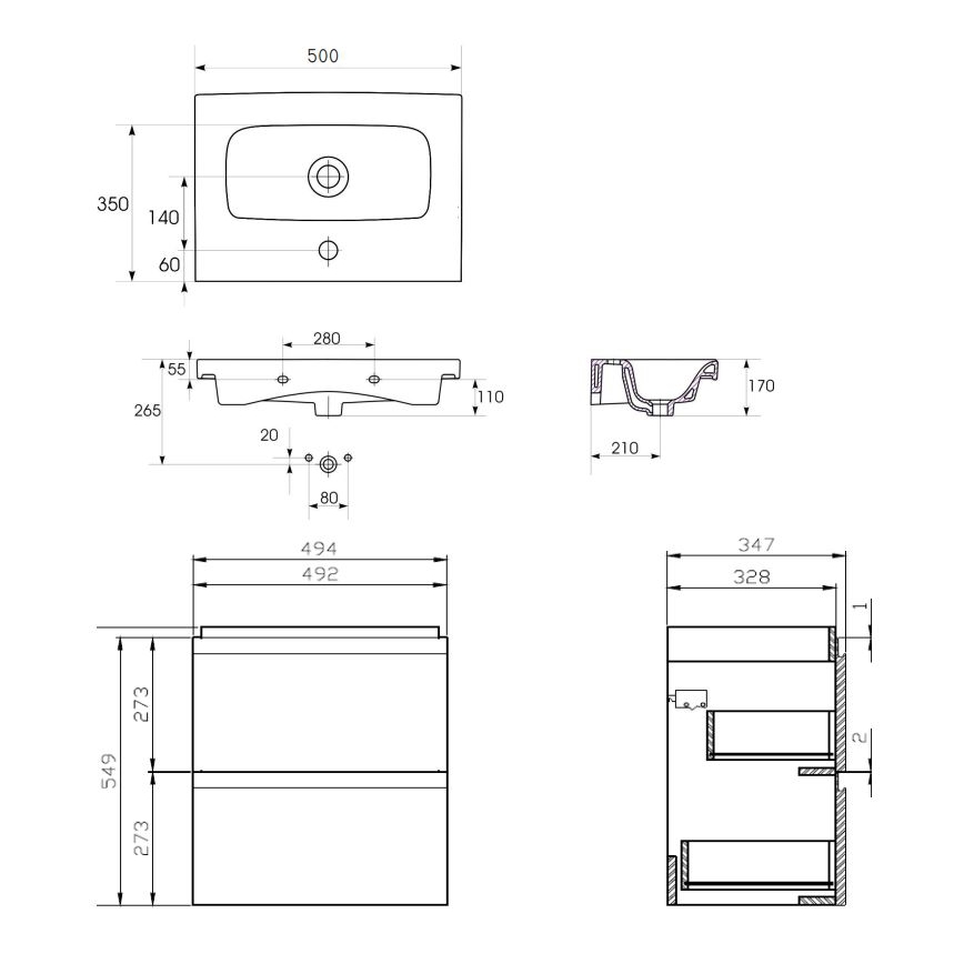 Cersanit S801-229-DSM - Hängender Badezimmerschrank mit Waschbecken MEDA SLIM 62x50 cm glänzend weiß