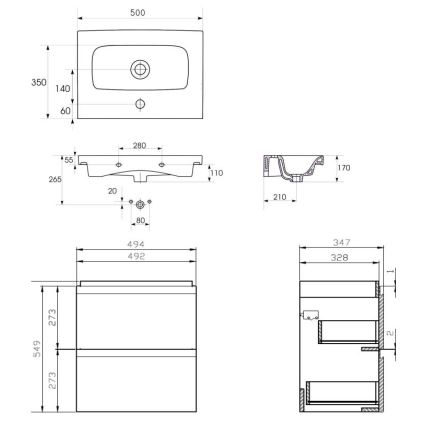 Cersanit S801-229-DSM - Wandhängender Badezimmerschrank mit Waschbecken MODUO SLIM 50x35 cm, Hochglanzweiß