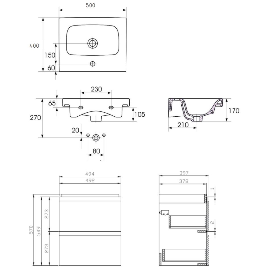 Cersanit S801-230-DSM - Hängender Badezimmerschrank mit Waschbecken MEDDIE 62x50 cm weiß