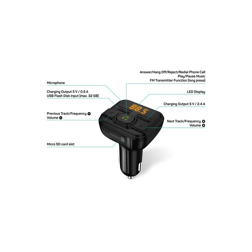 CONNECT IT CCC-8600-BK - FM-Sender fürs Auto mit Freisprechfunktion, schwarz