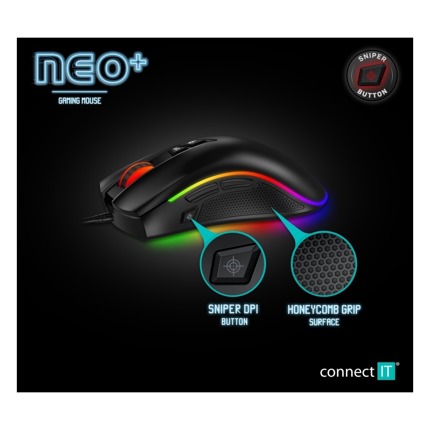 CONNECT IT CMO-3591-BK - LED RGB Kabelgebundene Gaming-Maus 500-7200 DPI schwarz