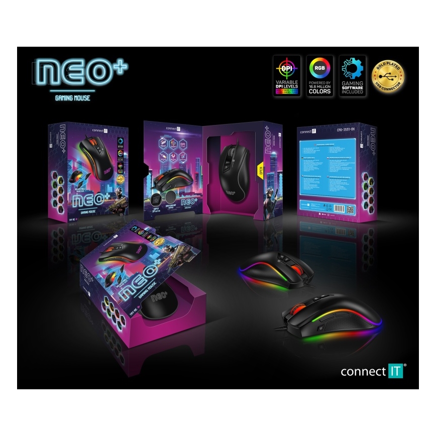 CONNECT IT CMO-3591-BK - LED RGB Kabelgebundene Gaming-Maus 500-7200 DPI schwarz
