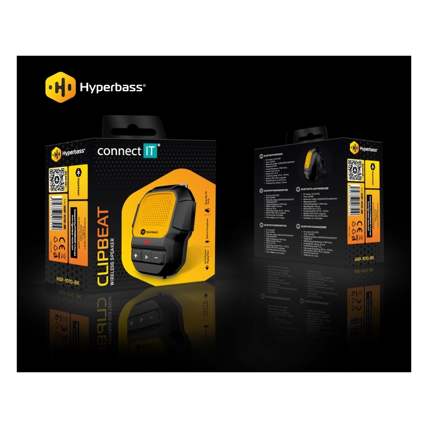 CONNECT IT HSP-1010-BK - ClipBEAT kabelloser Lautsprecher mit integriertem Mikrofon, 2 W/5 V, 560 mAh, IPX7, schwarz/gelb