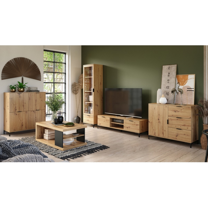 Couchtisch mit Ablage und Stauraum LORA Eiche artisan/schwarz