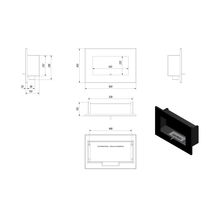 Kratki - Eingebauter BIO-Kamin 40x60 cm 2 kW schwarz