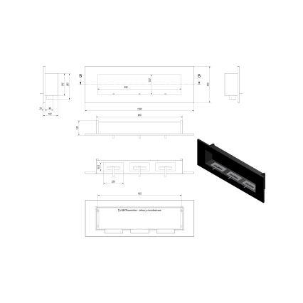 Kratki - Eingebauter BIO-Kamin 40x120 cm 3x1,1 kW schwarz