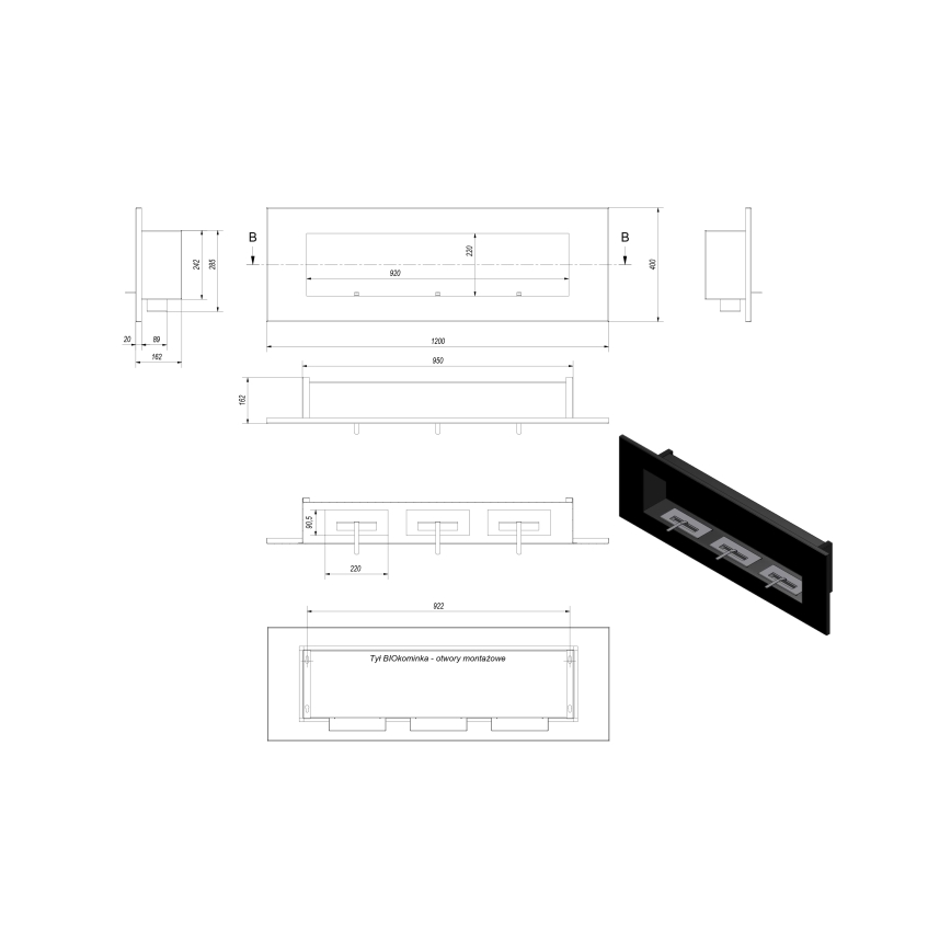 Kratki - Eingebauter BIO-Kamin 40x120 cm 3x1,1 kW schwarz